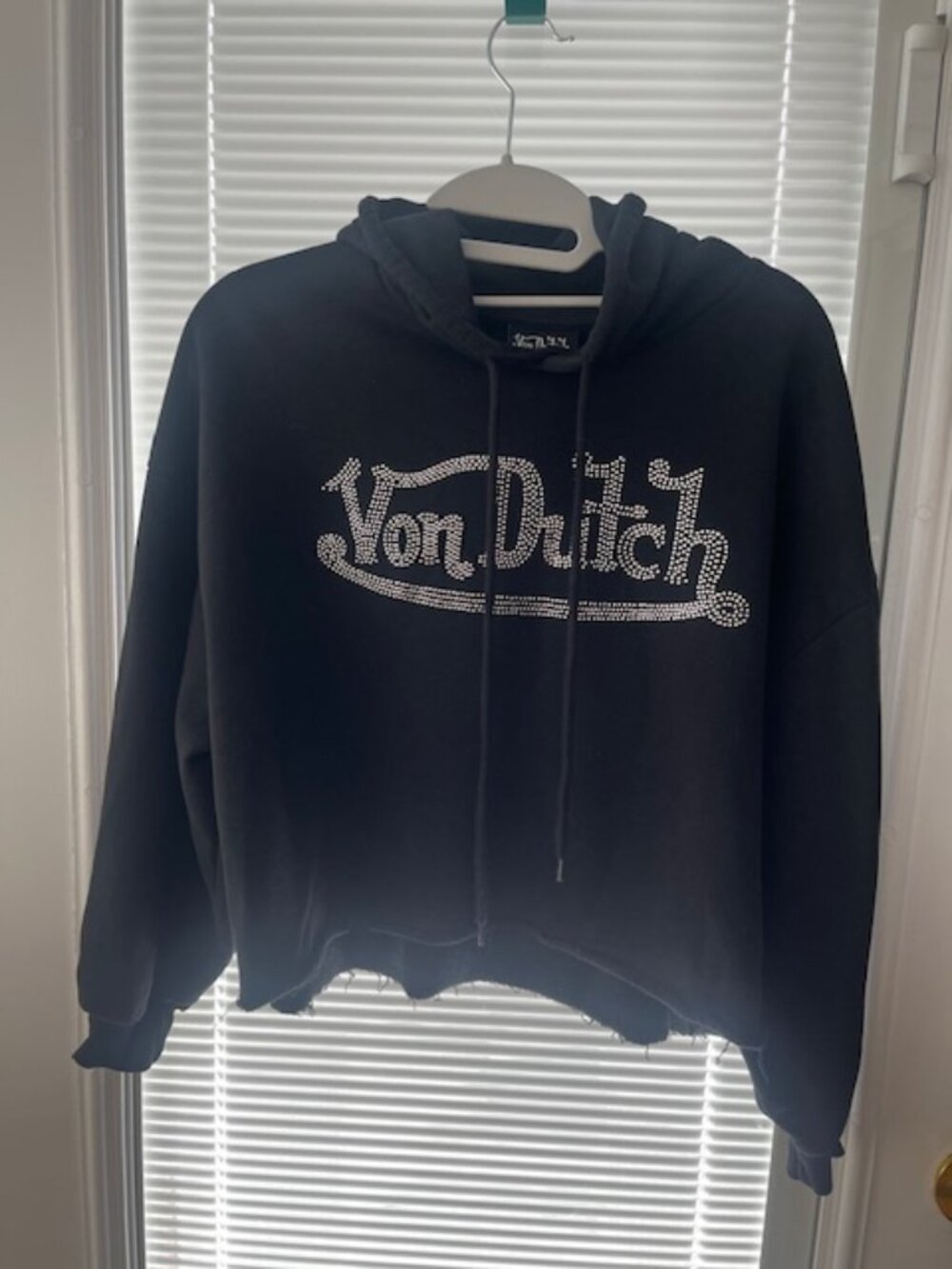 Von Dutch Oversized Black Rhinestone Cropped Hoodie Sweatshirt  XS